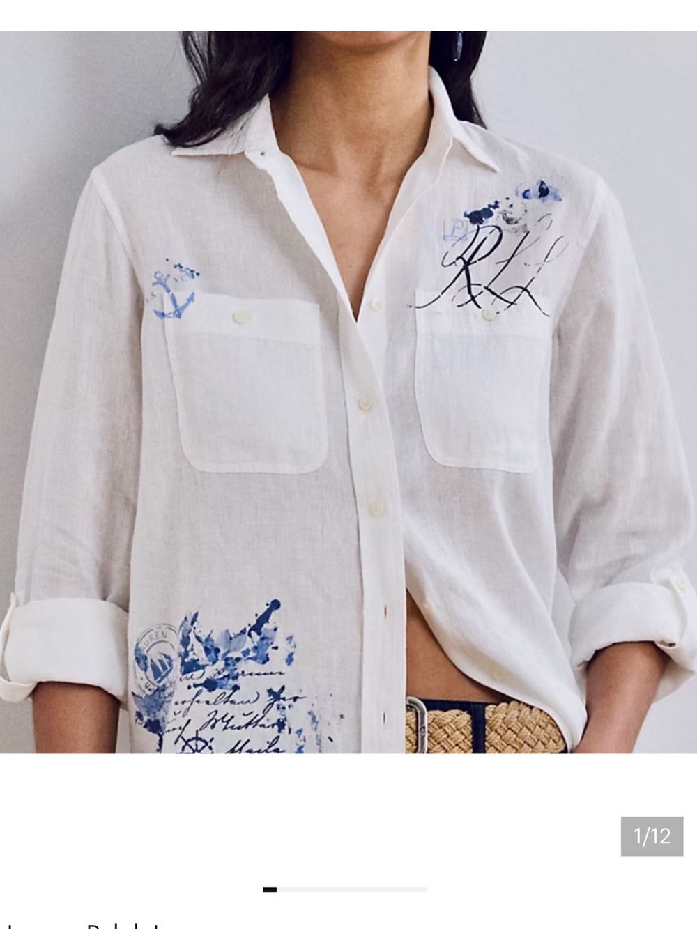 Lauren Ralph Lauren White Linen Shirt with Blue Script and Paint Accents